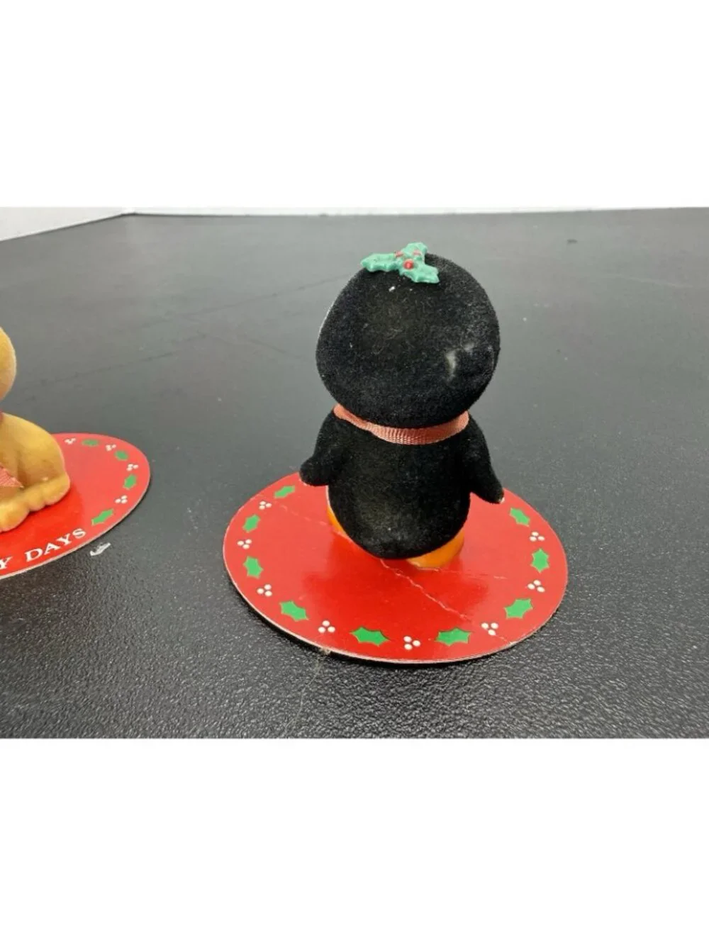 3 Vintage Russ & Berrie Co. Mini Christmas Flocked Figures Dog Penguin Cat
